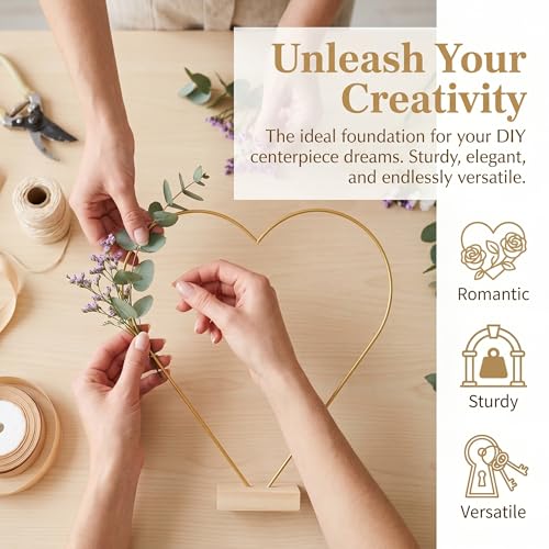 Image of jojofuny 10 Sets Heart Shaped Floral Hoop Centerpiece with Wooden Stand, 9.8 inch x 10.6 inch Metal Wreath Rings, Gold Heart Wire Hoops for Wedding Table Decorations, DIY Dream Catcher Craft Kit