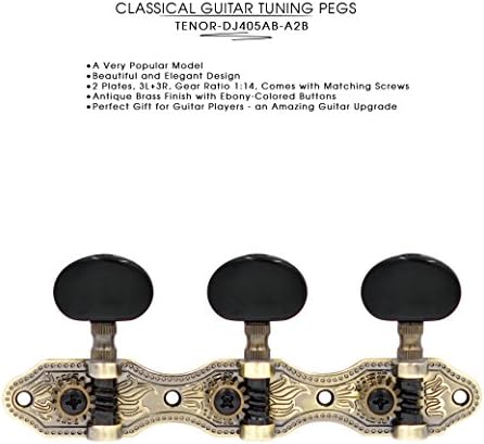 DJ405AB-A2B TENOR Classical Guitar Tuners, Tuning Key Pegs/Machine Heads for Classical or Flamenco Guitar with Antique Brass Finish and Ebony Colored Buttons.