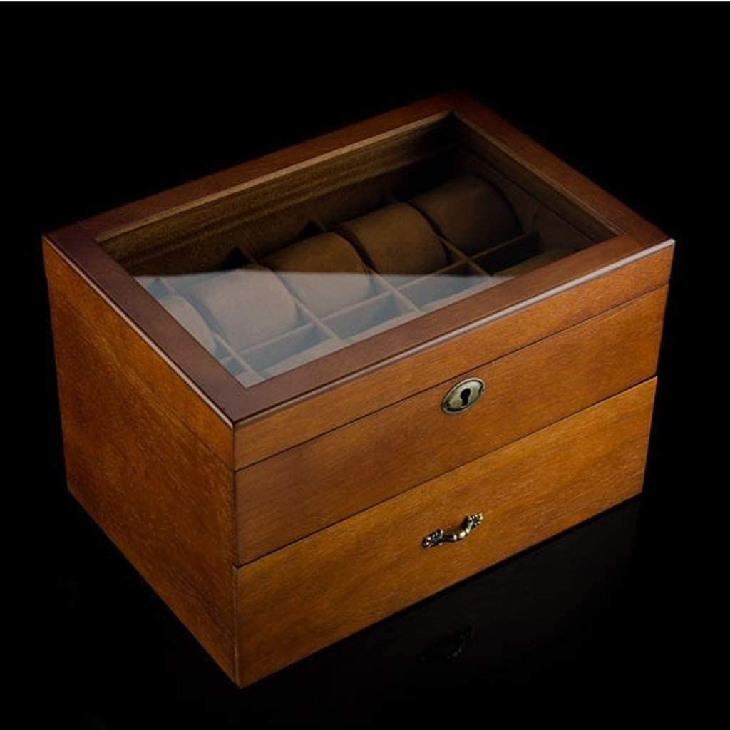 Caja de reloj de 20 ranuras para hombre, organizador de almacenamiento de relojes de doble capa de madera maciza, joyero retro con tapa de cristal