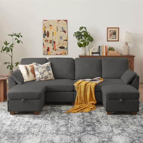 Image of Sectional Sofa with Dual Storage Ottomans, 4 Seat U Shaped Couches for Living Room: Soft Corduroy | Double Movable Chaise Ottoman | Modern Reversible Convertible Couch Set, Dark Grey