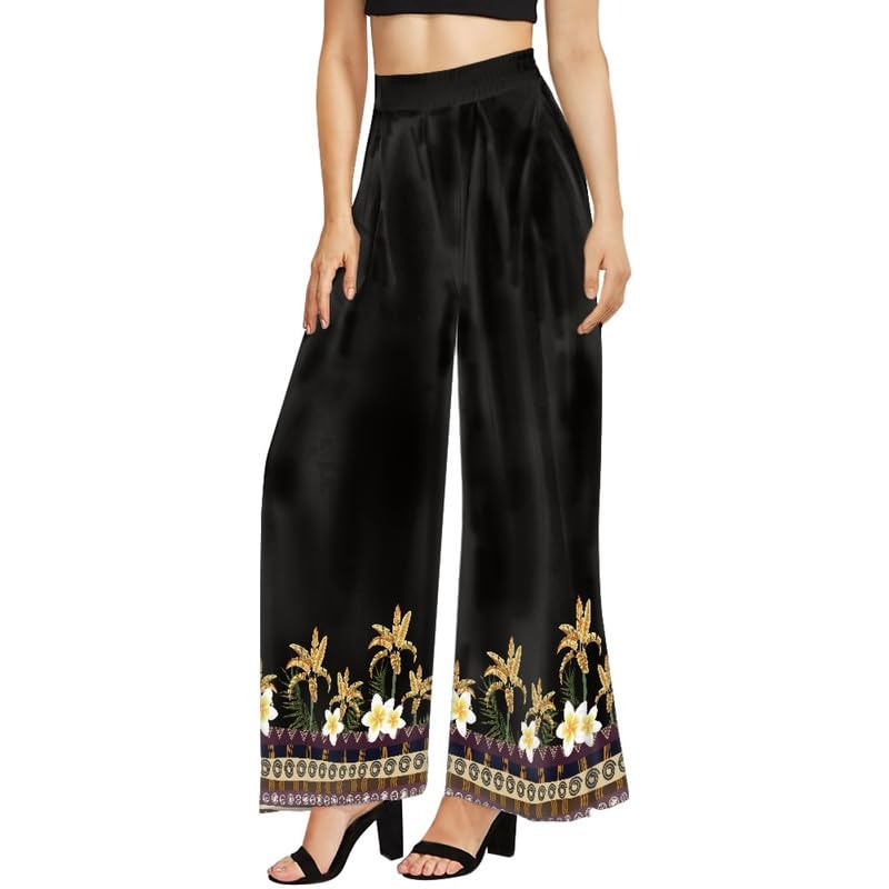 Irisjudy Women Casual Flowy Pants Summer Beach Waist Wide Leg Pants, Hawaii Tropical Floral High Waisted Palazzo Pants Loose