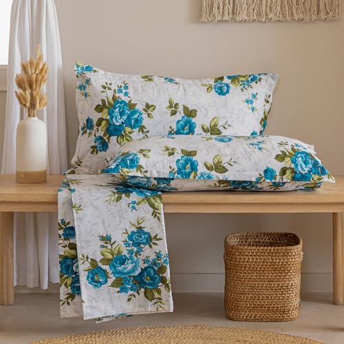 Image of Swayam Pure Cotton King Bedsheet with 2 Pillow Covers | Size 108 x 108 inch | 160 TC | Floral Design | Soft Breathable Bed Sheet | Comfortable & Durable for Bedroom - White & Blue