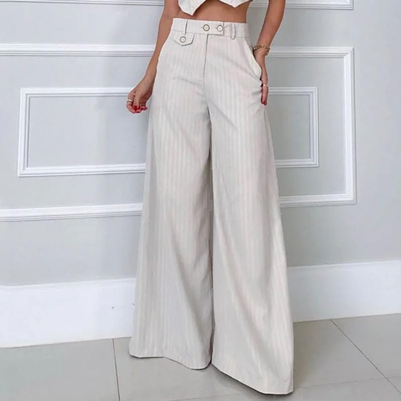 EVMILA 2023 Summer Commuter V-Neck Striped high-Waist Wide-Leg Pants Suit (Color : White, Size : Large)3