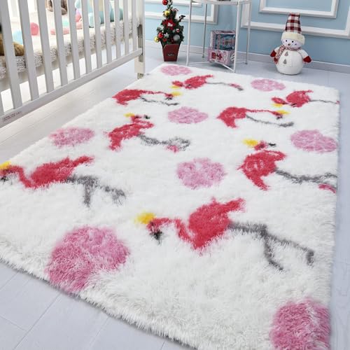 Image of Keeko Flamingo Premium Pink Fluffy Area Rugs, 4x6 Bedroom Printed Rug Indoor Flamingo Cute Fuzzy Faux Fur Carpets Rugs for Girls Kids Nursery Living Room Home Decor