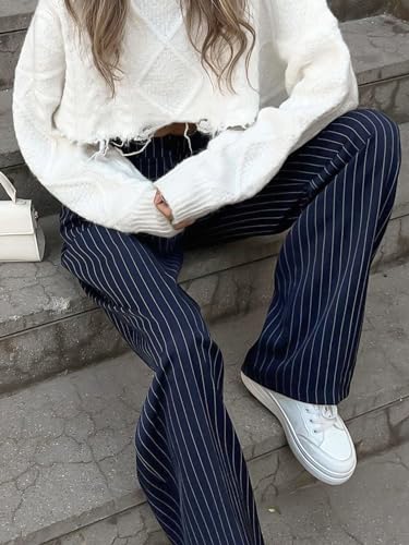 Conshvi Elastic High Waisted Palazzo Pants for Women Casual Striped Plus Size Wide Leg Long Lounge Pant Trousers with Pocket3