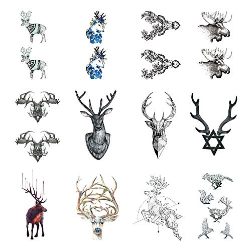 SanerLian Elk Moose Temporary Tattoo Sticker Deer Fake Tatoo Adult Men Women Back Neck Chest Arm Hand 10.5X6cm Set of 12 (Design2)