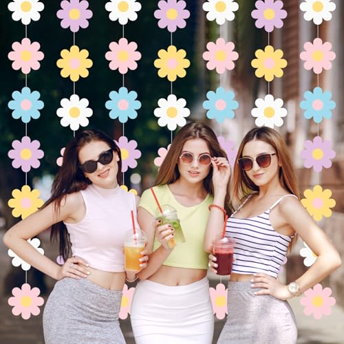 Image of Pasimy 8 Pcs Daisy Boho Party Decorations Groovy Daisy Paper Garlands White Flower Hanging Garland Banner Hippie Flower Cutouts for Birthday Shower Wedding Retro Party Favor(Fashion,Pastel)