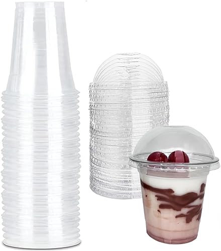Vasos de plástico transparente, 50 tazas y tapas de 12 onzas, tazas de postre con tapas, ideales para parfaits, pudín, yogur y mini golosinas, tazas