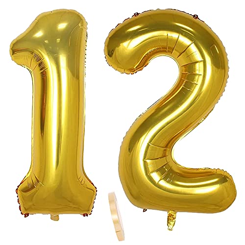 2 globos numeros 12 años, Number globo número 12 Dorado para niñas niños infantil, 40
