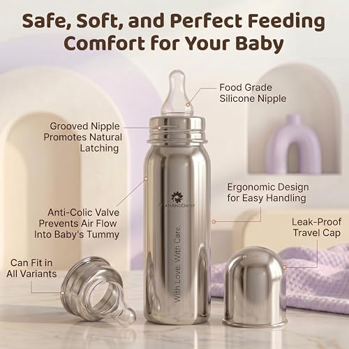 Image of StarAndDaisy Baby Milk Bottle for new Born /Infant /Toddler Pack of 2-300 ML SUS 304 Steel Baby Feeding Bottle for 0+ Months, BPA Free Leakproof Bottle, Anti Colic, Easy to Clean & Extra Nipple
