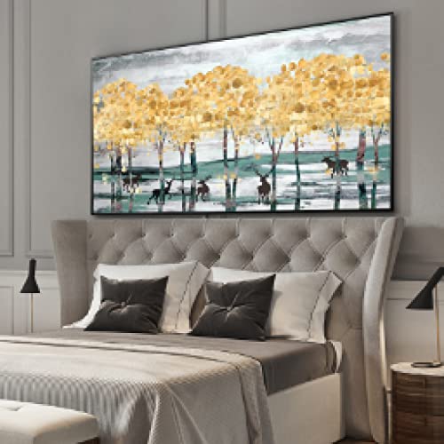 Tableau moderne abstrait paysage doré argent cerf grand format pour grand mur