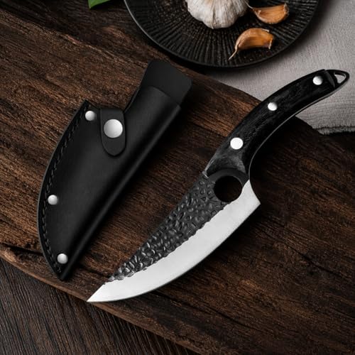 Image of Machado Forged Kitchen Utility Knife with Textured Grip Damascus Blade | Ergonomic Handle & Protective Sheath - Precision Cutting for Meat, Vegetables & Everyday Cooking - Black