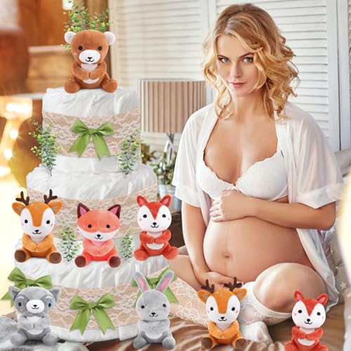 YLOLUL 23 Pcs Diaper Cake Kit Woodland Animals Party Diaper Cake Decorations Mini Stuffed Forest Animals Jungle Animal Diaper Cake for Birthday Party Supplies Table Decors (Woodland Animals)
