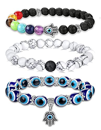 PANSHI Evil Eye Bracelets Chakra Crystal Beaded Bracelet Set Name Letter Beads Charm Jewelry Ojo Protection Birthday Gifts for Women Her Girlfriend Sister Mom Mother Daughter (Hamsa Hand)
