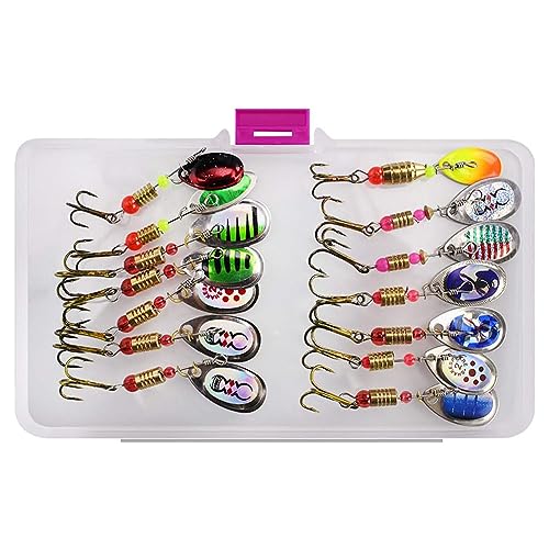 Gaderth 30pcs Fishing Lure Spinnerbait, Fishing Spoon Trout Lures Bass Salmon Lures with Tackle Box, Hard Metal Spinner Baits Kit, Colorful Vivid Bright Fishing Baits R30#