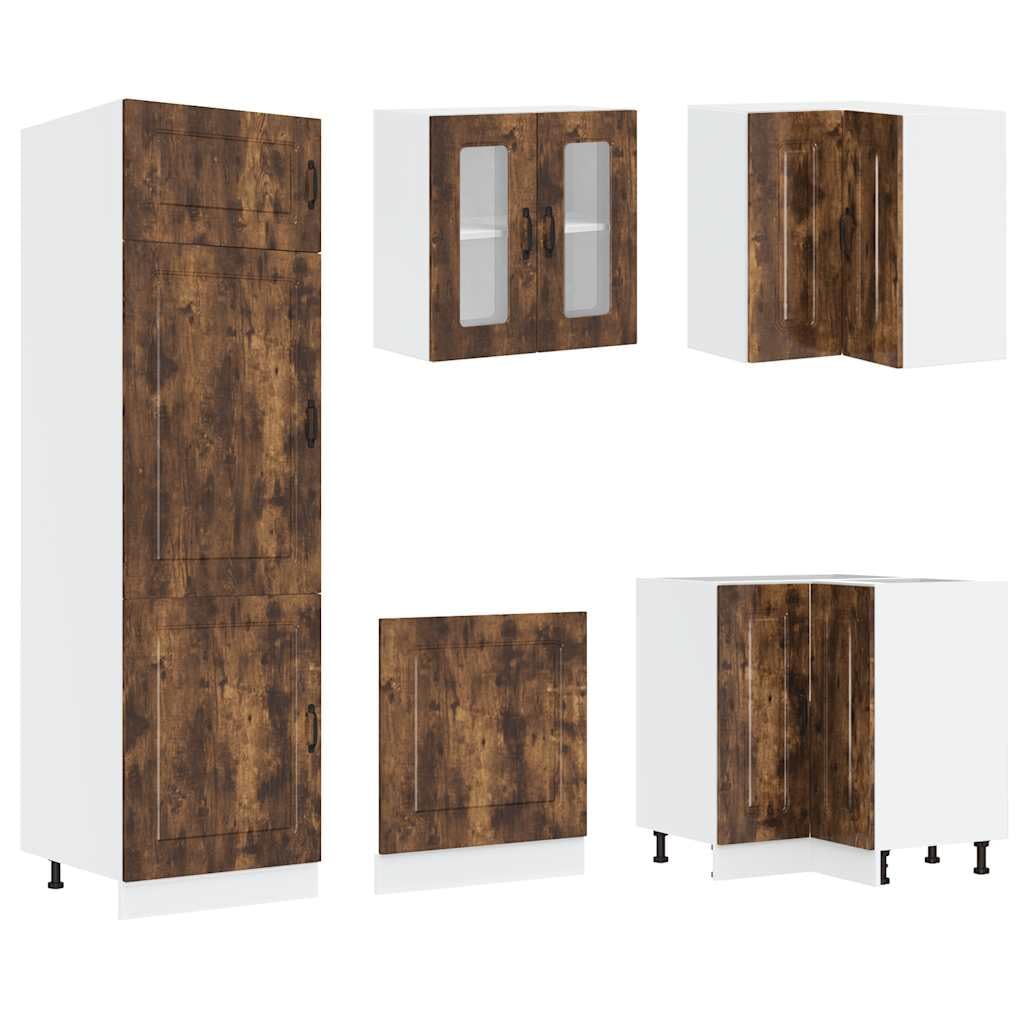 14-TLG Einbauküche Kalmar Räuchereiche 80×46×81,5 cm mit Spülen- & Eckunterschrank, Hängeschränken