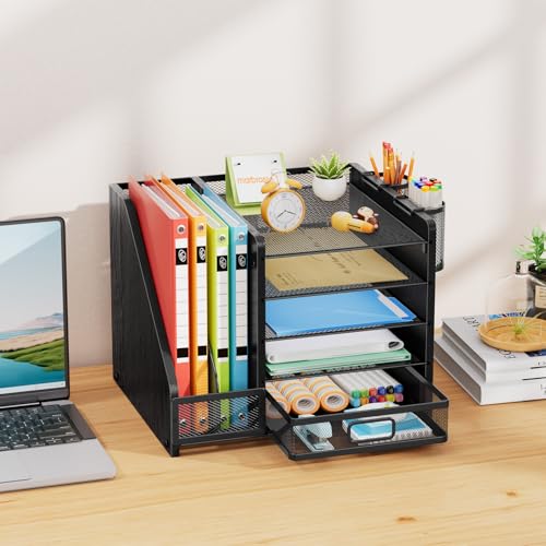 Image of Marbrasse Desk Organizer with File Holder, 5-Tier Paper Letter Tray Organizer with Drawer and 2 Pen Holder, Mesh Desktop Organizer and Storage with Magazine Holder for Office Supplies (Wood-Black)
