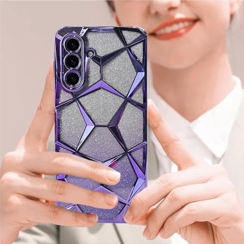 Image of VONZEE Gradient Glitter Case for Samsung A36, Luxury Electroplated 3D Cube, Diamond Bling Shiny Soft TPU Clear Shockproof Case Women Girls Protective Phone Cover (Deep Purple)