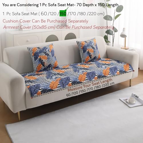 Image of HOKIPO 'LiefNest' Holland Velvet Sofa Cover Mat with Foam Filling for 1 /2 /3 Seater & L-Shape Sofa. Make Your Own Sofa Cover Set, Mat Size: 150(L) cm, Tropical Leaves Dusk Blue (NEW-IN-823-D5)