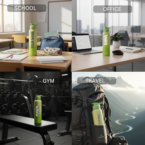 Image of Speedex Customised Stainless Steel Water Bottle 1 Ltr with Name - Personalised Engraved Sipper Cap Bottle for Kids, Men & Women, School, Gym, Office Lime Green, Set of 1