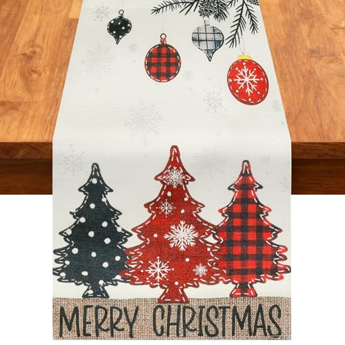 Camino de Mesa Navidad 33x180 cm con Diseño Merry Christmas, Copos de Nieve, diseños de árboles de Navidad, Decoración Navideña Moderna y Lavable para Interior y Exterior, Cocina y Comedor