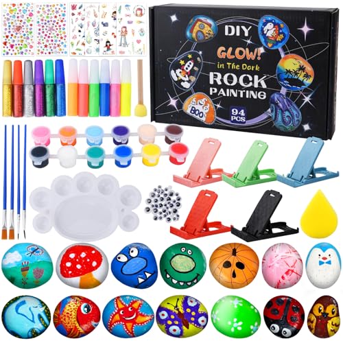 TOSUTO Kit de Piedras para Pintar 14,con 24 pinturas,Piedras Pintar Juegos para Manualidades,Creativo Juego de pintura de piedras,Manualidades Para Niños,Kit dibujar para Niños de 3 a 10 Años