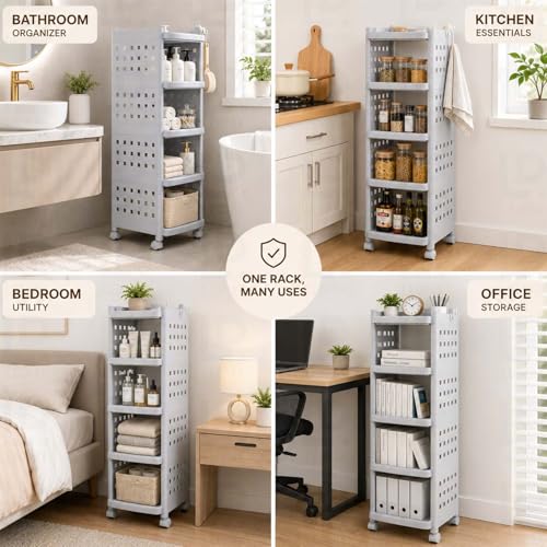Image of LEOPAX 5 Tier Multi-Purpose Storage Rack Stackable Shelf Utility Rolling Stand Rack | Storage Organizer Racks with Wheels for Kitchen Laundry Room Bathroom Office Home - Grey (28 x 33 x 94cm)