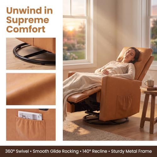 Image of 360 Swivel Rocking Recliner Chair, Manual Lazy Boy Reclining Couch with Adjustable Backrest & Footrest, Oversized Recliner Sofa for Nursery, Living Room, Bedroom, Home Theater Seating, Brown