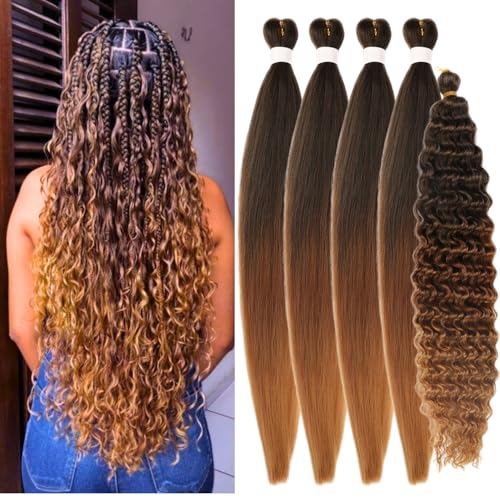 Brown to Honey Blonde Braiding Hair Pre Stretched for Boho Braids Ombre 1B/30/27# Boho Hair for Braiding Bohemian Box Braids Hair (Total 5 Packs)