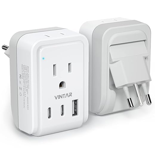 [1-Pack] Italy Travel Plug Adapter, VINTAR 5 in 1 Foldable Italy Power Adapter with 17W 3 USB Ports(2 USB C) & 2 American Outlets, 3 Prong Grounded Type L Adapter for US to Italy Rome Uruguay Chile