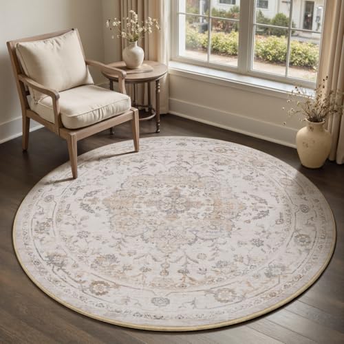 PADOOR-Vintage 6FT Round Rug-Rugs for Living Room-Soft Beige Circle Rug-Machine Washable Rugs for Bedroom-Non Slip Carpet-Rug for Dining Room Living Room Bedside Office Beige 6' (Round)