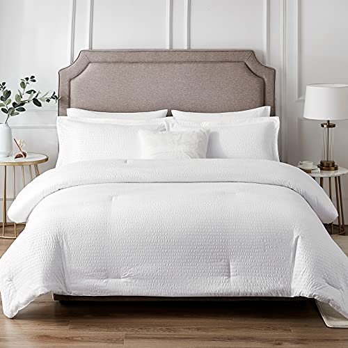 EHEYCIGA King Comforter Set White, Luxury Seersucker Stripe Bedding Comforter Sets, 3 Pieces King Size Comforter Sets for King Bed (1 Comforter with 2 Pillow Shams, 104x90 inches)