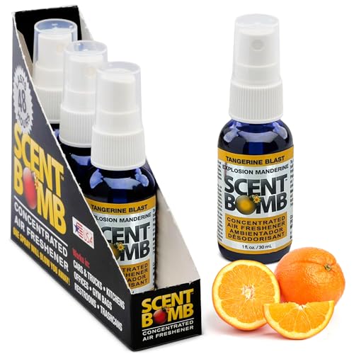 Image of Scent Bomb Air Freshener Spray, Long-Lasting Odor Eliminator - Effective Deodorizer for Home & Car, Fresh Room Spray for Kitchen, Bathroom & Smell Neutralizer - 1 oz Pack of 4, Tangerine Scent