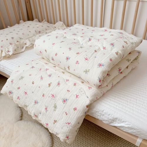 Image of BuLuTu Muslin Cotton Children Quilt for Todder /Twin Bed, Chic Shabby Pink Floral Sheep Design Kids Comforter Girls Boys Quilted Blankets for All Seasons, Soft Breathable, 60x78 Inches
