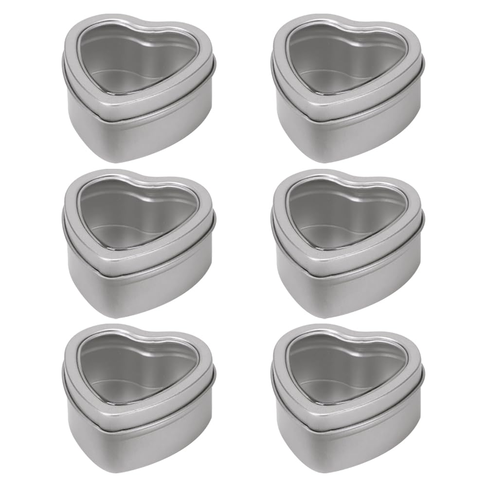 ccHuDE 6 Pcs Empty Heart Shaped Boxes Metal Tin Containers Small Candle Jars Valentine's Day Heart Tins with Clear Window for Wedding Gifts Party Favors