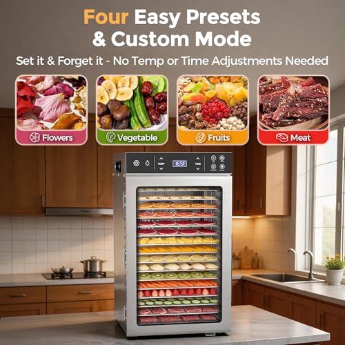 Image of Suteck 800W Food Dehydrator with 16 Trays for Jerky, Fruit, Veg, Meat | Stainless Steel, 4 Presets, Strong Dual Fans & 360 Airflow, 85F-195F, 48H Timer, Built-in Light, Quiet