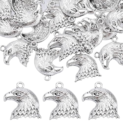 SUNNYCLUE 1 Box 50Pcs Eagle Head Charms Patriotic Charms Bulk Tibetan Style Antique Silver Alloy Eagle Charm America 4th of July Independence Day USA Bird Bald Eagle Charm for jewellery Making Charms