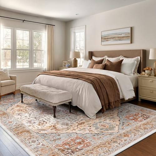 Rugland 8x10 Area Rugs - Stain Resistant Washable Rug, Anti Slip Rugs for Living Room, Vintage Tribal Area Rugs(Medallion 01-Orange/Grey, 8'x10')