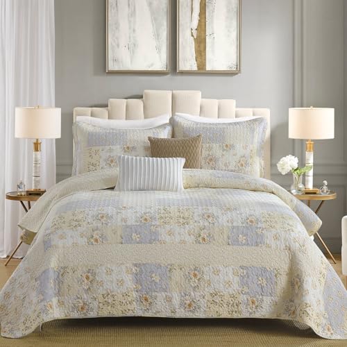 DDUOXIN California King Quilt (128"x120") - 100% Cotton Reversible Oversized King Bedspread with 2 Pillow Shams, Farmhouse Floral Lightweight Bedspreads Coverlet Sets, Beige/Brown/Cream White