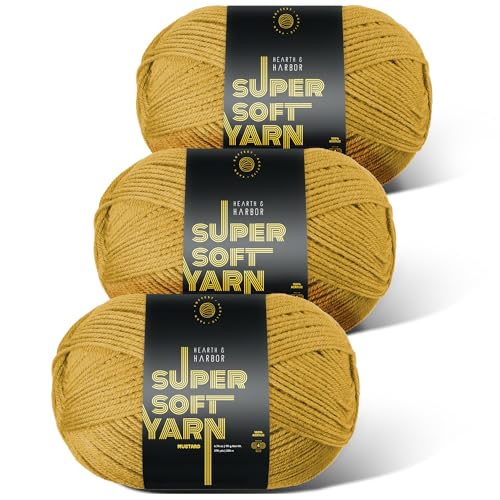 Image of Acrylic Yarn for Crocheting & Knitting - Soft Crochet Yarn for Crocheting, 3 Pack of 370 Yards, Perfect for Crafts & Amigurumi, Medium Worsted Weight 4, Mustard