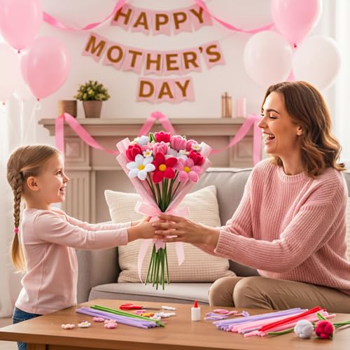 Image of Caydo 200 Pieces Pink Pipe Cleaners 6 mm x 12 inch, Creative Crafts Decorations in 4 Colors for Mother's Day Decorations (Red, Pink, White, Purple)