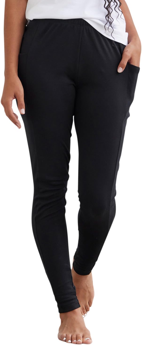 Fair Indigo Women's 100% Organic Pima Cotton Leggings Pants with Pocket - 30" Inseam