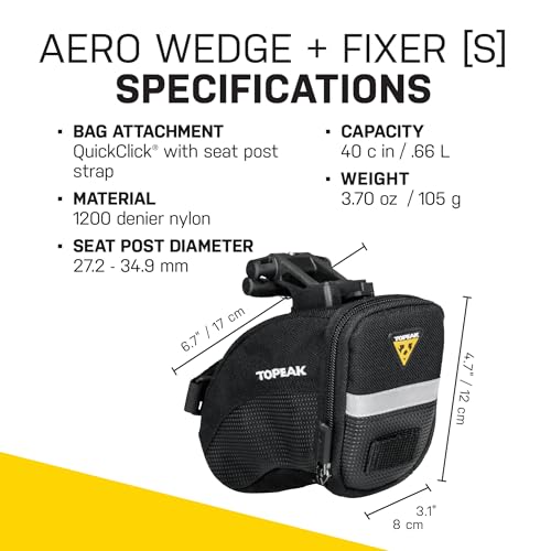 Image of Topeak Aero Wedge Pack with Fixer F25 (Small), Compact Aerodynamic Bike Saddle Bag with QuickClick Mount, Durable 1000D Nylon, Reflective Strip, Safety Light Clip