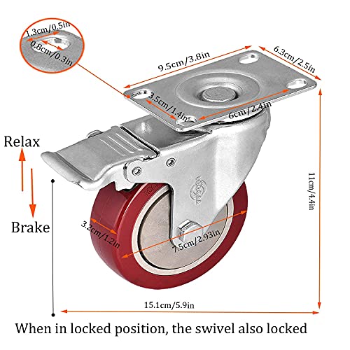 Image of Caster Wheels 3 Inch Casters Set of 4 Heavy Duty Load Bearing 1000 Lbs Locking Swivel Plate Casters with Brake Industrial No Noise Polyurethane Wheels Anti-wear Smooth Casters