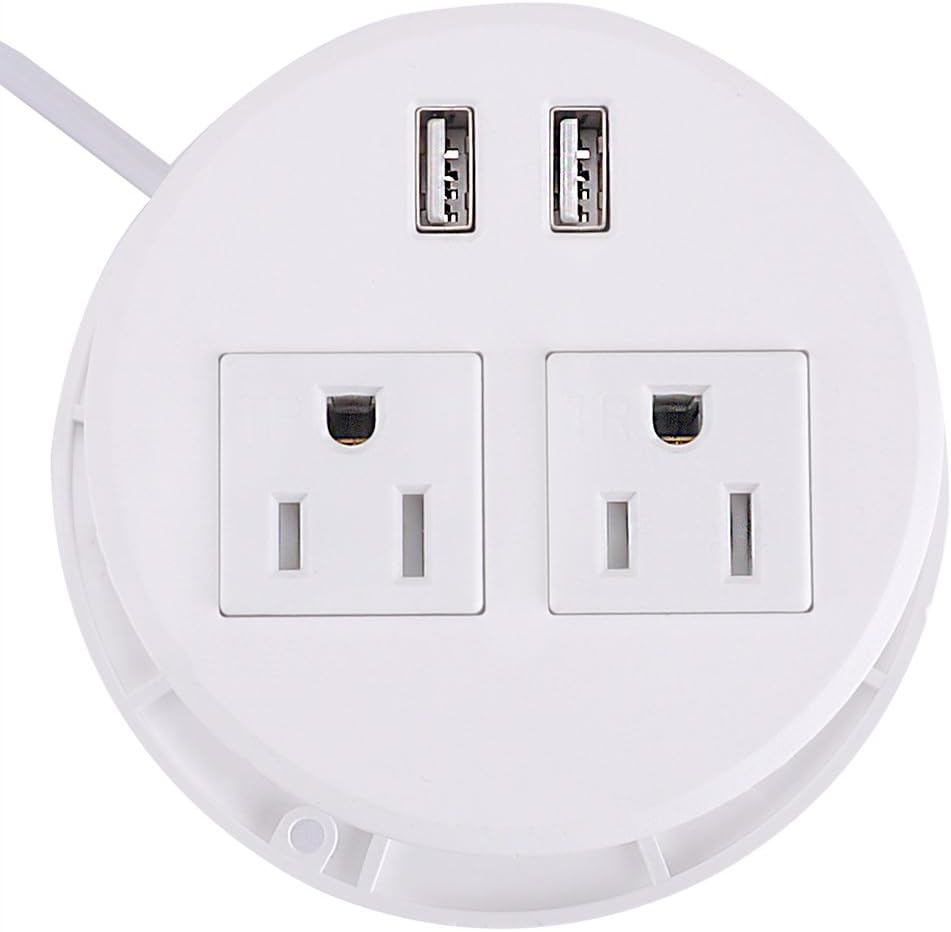 ETL Listed Desktop In-Desk Furniture Table Closet Recessed 2 Outlets Dual USB Charging Power Strip Grommet Receptacle (White)