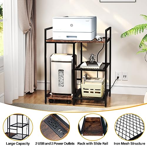 TC-HOMENY 3-Tier Printer Stand with Storage, Charging Station & Open Shelves for Home Office - Multi-Functional Home Printer Stand (Brown)