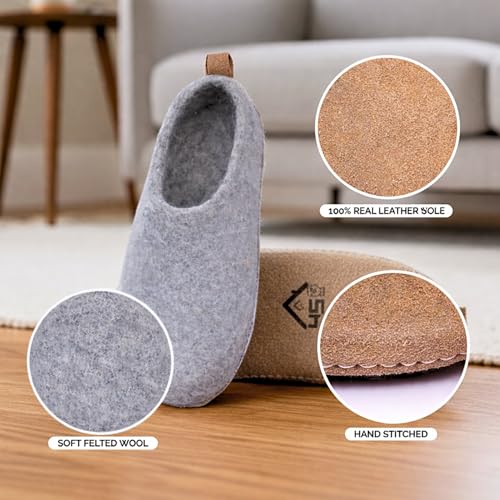 Image of Wool Indoor Slippers - Natural Organic Wool, Genuine Leather Sole, Handmade in Nepal - Cozy, Warm, Soft, Unisex Non-Slip House Shoes for Men & Women - Perfect for Winter Comfort
