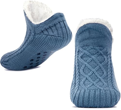 Tolumo Slipper Socks for Women Men Warm Holding Sock Non Slip Knitted Thick Lined Cosy Winter Fluffy Bed Slippers Suitable for Indoor Home House Floor Blue