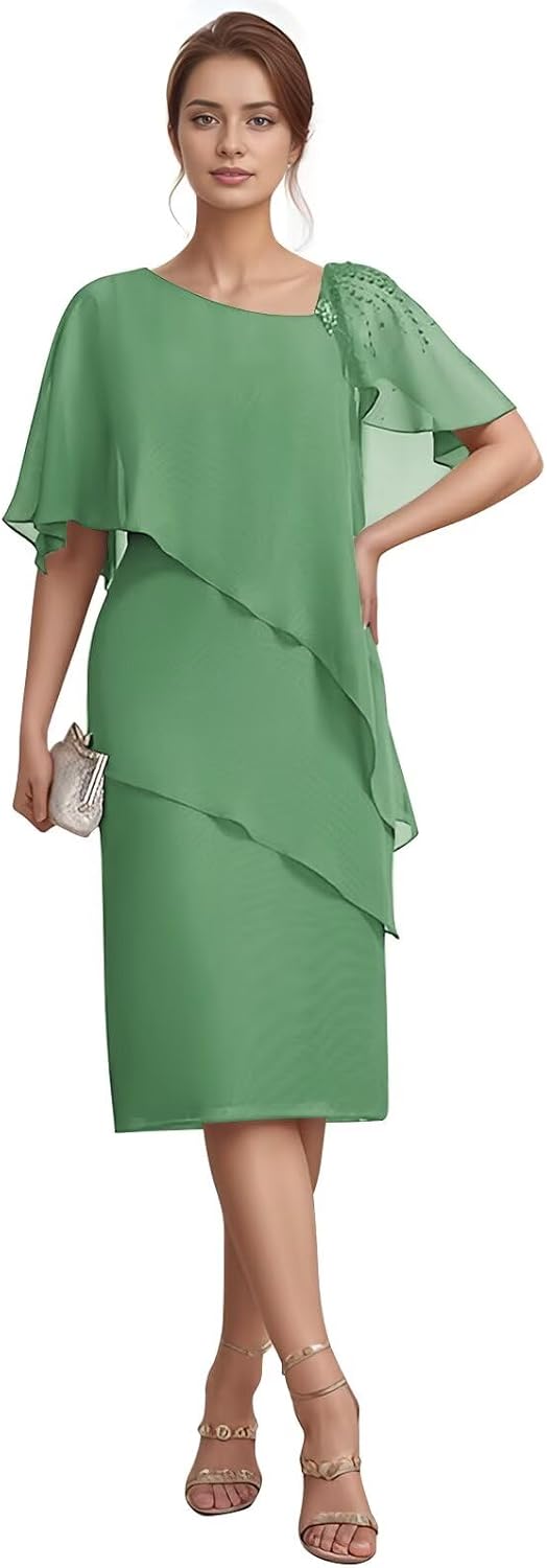 Tiered Chiffon Mother of The Bride Dresses Women's Column Beaded Prom Dress Tea-Length Shawl Wedding Guest Gown
