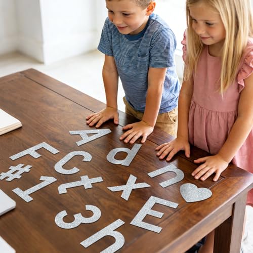 Image of Vuzvuv 295 Pcs Glitter Bulletin Board Letters and Numbers, 4 Inch Classroom Decor with Adhesive Points, Alphabet Cut Outs for School Display (Silver)